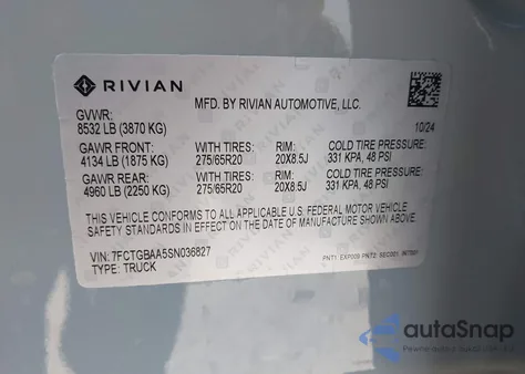 2025 Rivian R1T Adventure Dual Motor Large Pack/Adventure Dual Motor Max Pack from USA, damaged, VIN 7FCTGBAA5SN036827